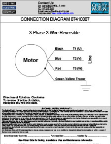 Connection Diagram for 230VAC, 3-Wire, Reversible, 3-Phase Gearmotors and Motors 07410007