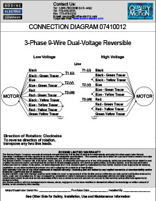 Connection Diagram for 230/460VAC, 9-Wire, Reversible, 3-Phase Gearmotors and Motors 07410012