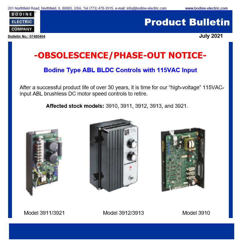 Obsolescence - Phase-Out Notice - Bodine Type ABL BLDC Controls with 115VAC Input